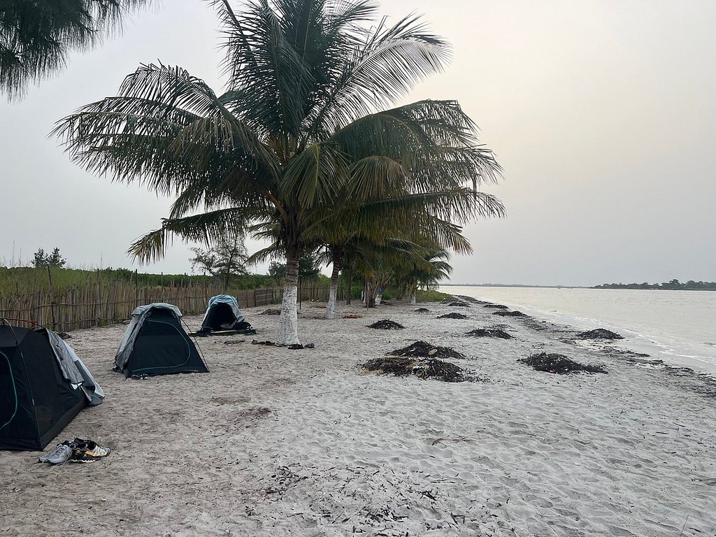 Les tentes du bivouac sur la plage, sous un cocotier