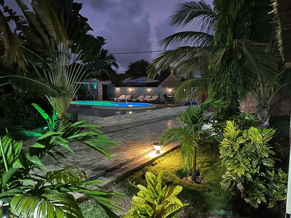 Le jardin éclairé à la tombée de la nuit