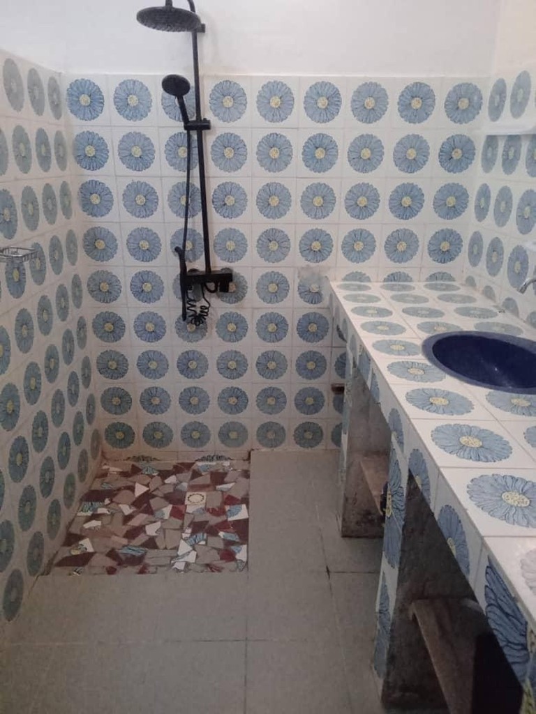 Une salle de douche aux carreaux bleus et blancs