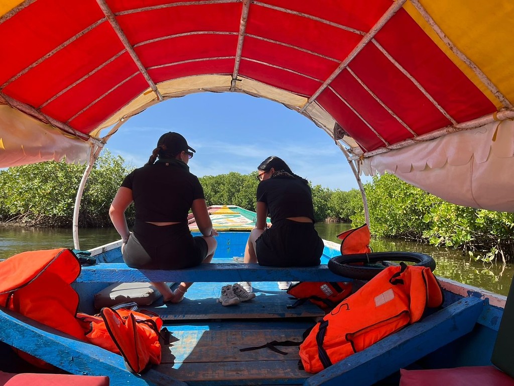 Deux voyageuses sous le taud, face à la mangrove